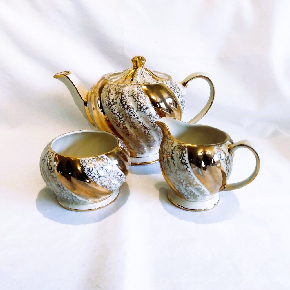Vintage Sadler, England Teapot Set-1940's/50's- Gold Swirl & Flowers #1699